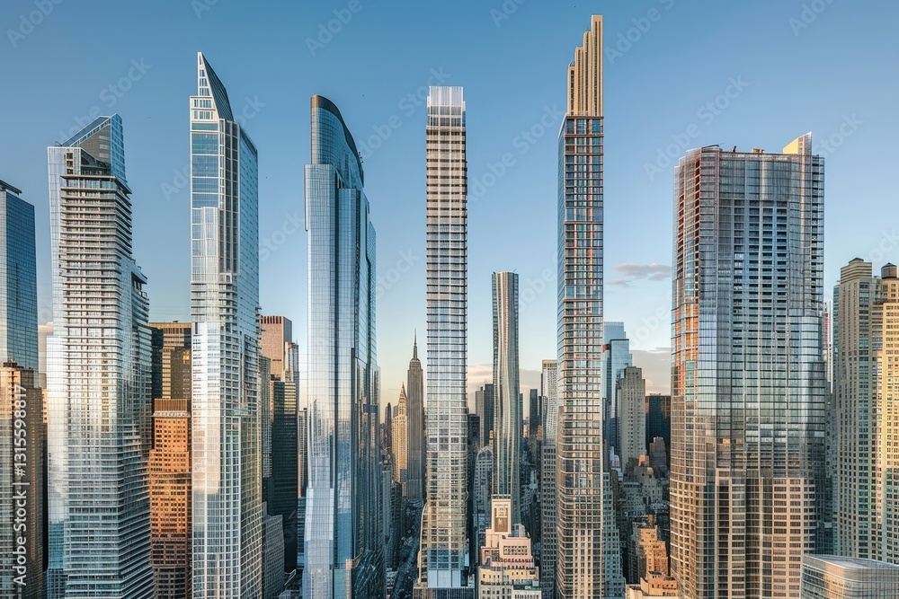 Obraz premium A close-up view of a row of buildings in New York City, showcasing a mix of architectural styles, The diverse mix of architectural styles in New York's skyline