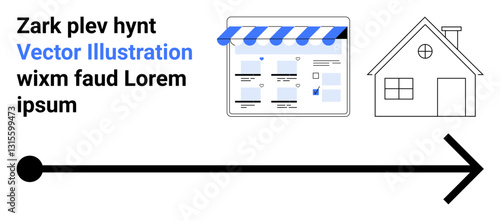 Website screen with icons under a striped awning, house, and black arrow indicate e-commerce journey or delivery path. Ideal for online shopping, delivery services, logistics, home services