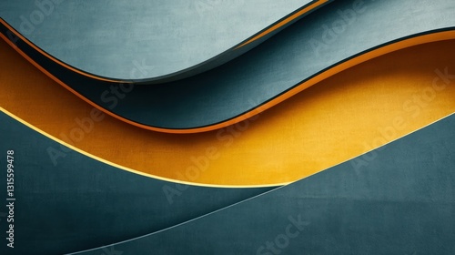 Abstract architectural design, waves of teal and mustard yellow, interior design background