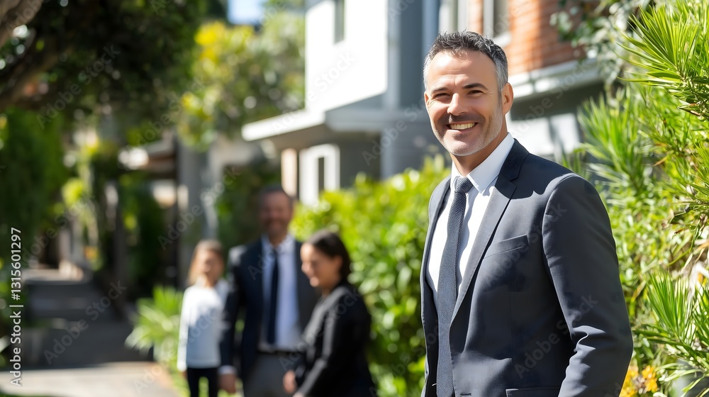 Happy businessman standing outside a luxurious home Happy businessman standing outside a luxurious home