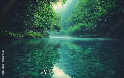 Tranquil mountain river reflecting lush foliage. Peaceful natural scene
