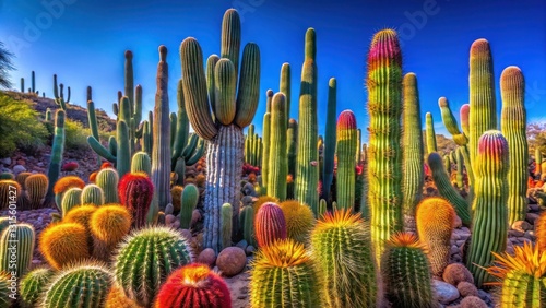 A colorful assortment of cacti species thrive in the warm Arizona desert sunlight, showcasing their unique shapes and textures under a clear blue sky, arizona, sunny landscape