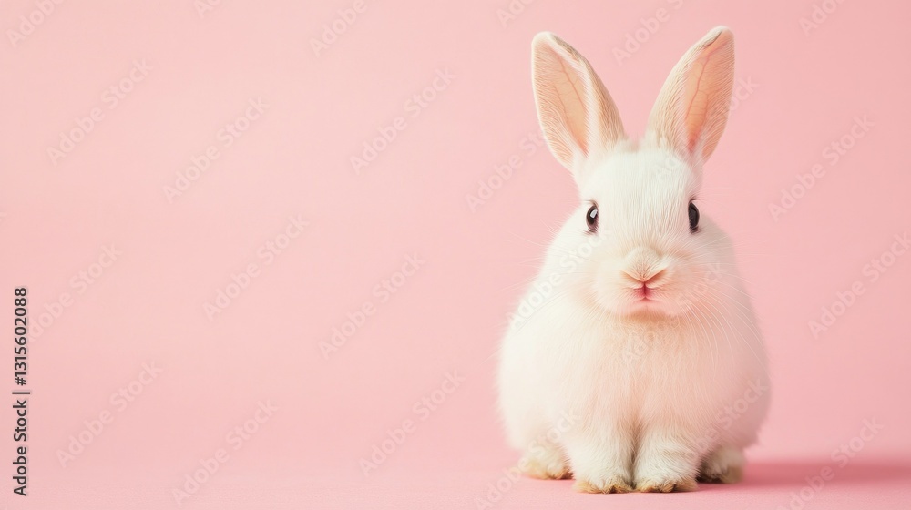 Obraz premium Photo of a little bunny, on a soft pink background Easter theme