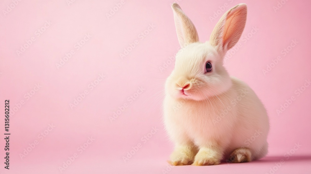 Obraz premium Photo of a little bunny, on a soft pink background Easter theme