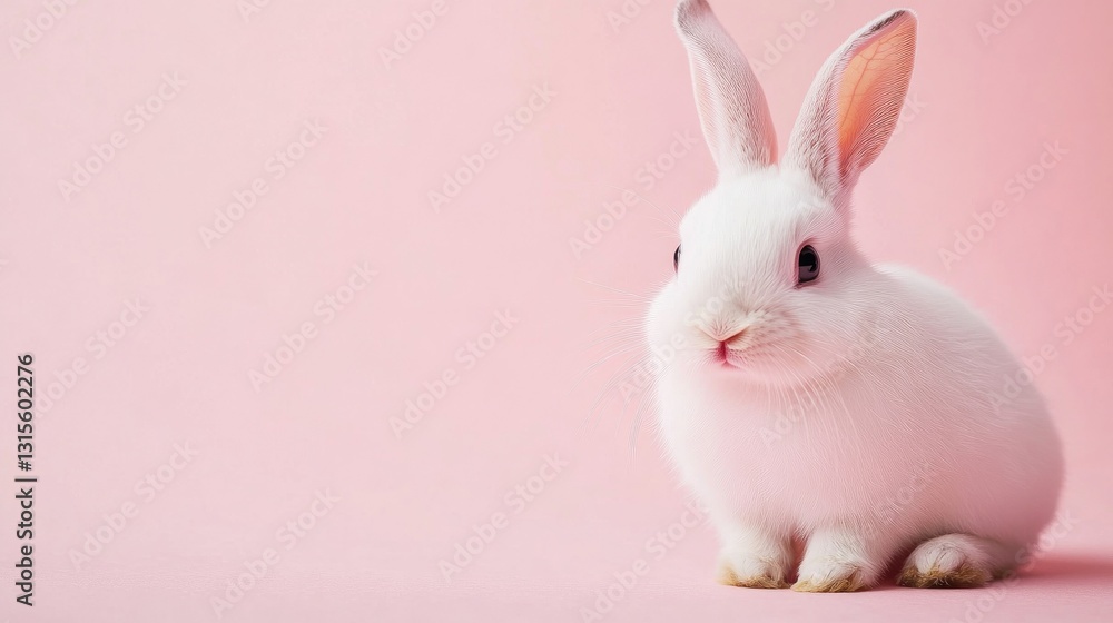 Fototapeta premium Photo of a little bunny, on a soft pink background Easter theme