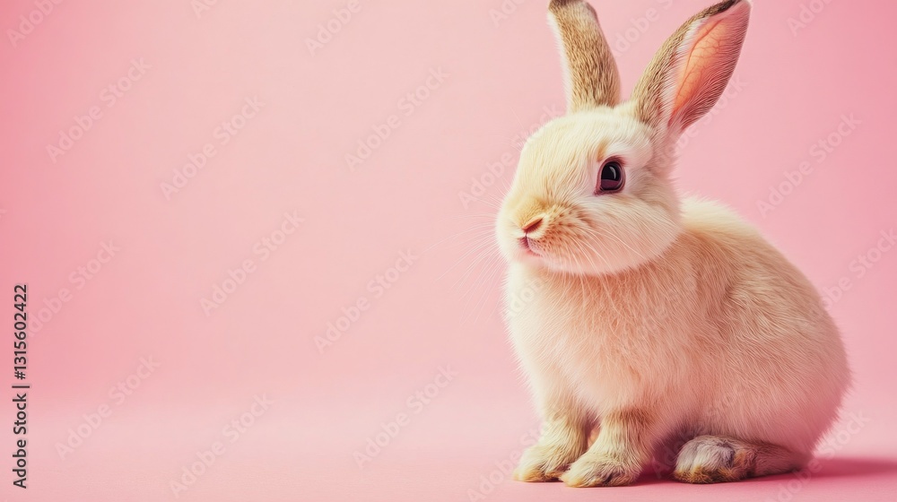 Fototapeta premium Photo of a little bunny, on a soft pink background Easter theme