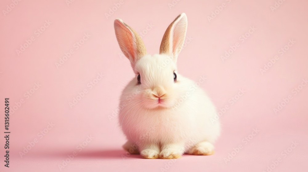 Obraz premium Photo of a little bunny, on a soft pink background Easter theme