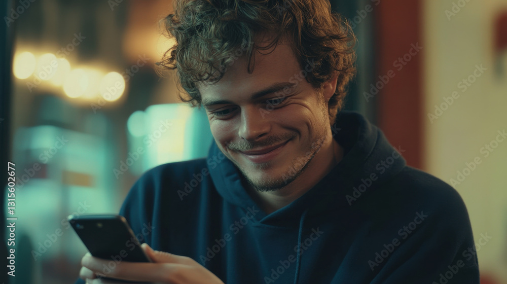 A warm and intimate portrait of a young man with short wavy hair, wearing a navy-blue hoodie, softly smiling while looking at his phone A warm and intimate portrait of a young man with short wavy hair, wearing a navy-blue hoodie, softly smiling while looking at his phone