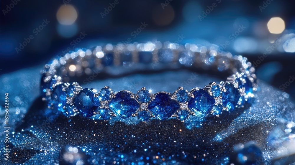Stunning Blue Gem Bracelet with Sparkling Crystals on a Shimmering Surface Stunning Blue Gem Bracelet with Sparkling Crystals on a Shimmering Surface