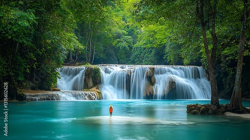 Tranquil waterfall scene, woman in orange, jungle setting