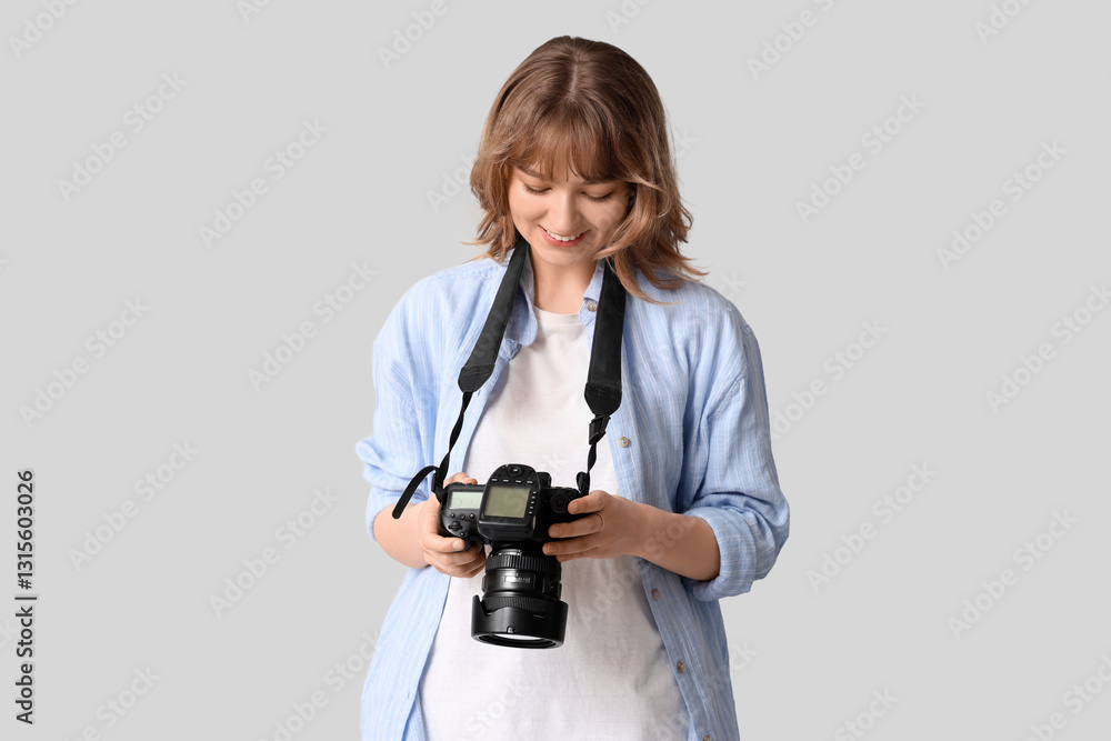 Beautiful young woman with modern camera on white background Beautiful young woman with modern camera on white background