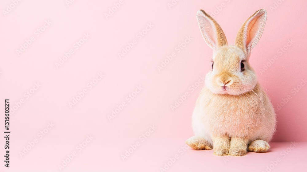 Obraz premium Photo of a little bunny, on a soft pink background Easter theme