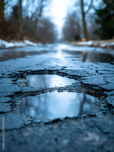 Damaged asphalt road with puddle
