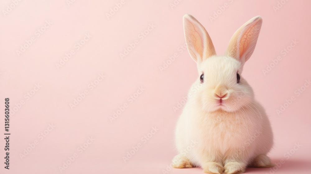Fototapeta premium Photo of a little bunny, on a soft pink background Easter theme