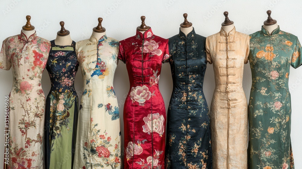 Naklejka premium Exquisite Traditional Dresses on Mannequins Displaying Elegant Styles