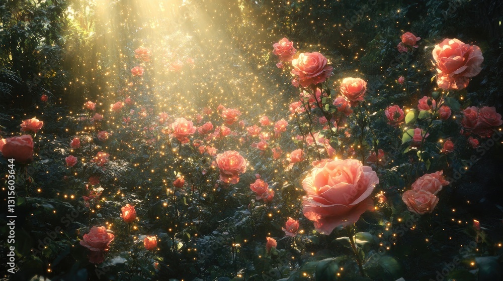 Enchanted Garden with Pink Roses and Sunlight Breaking Through Leaves in a Dreamlike Atmosphere