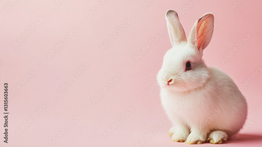 Obraz premium Photo of a little bunny, on a soft pink background Easter theme