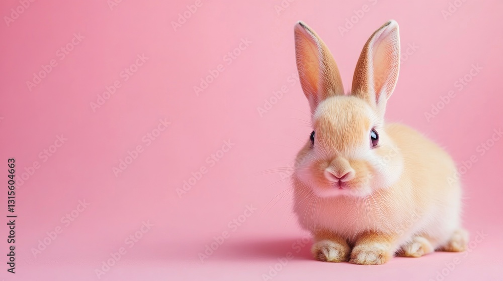 Obraz premium Photo of a little bunny, on a soft pink background Easter theme
