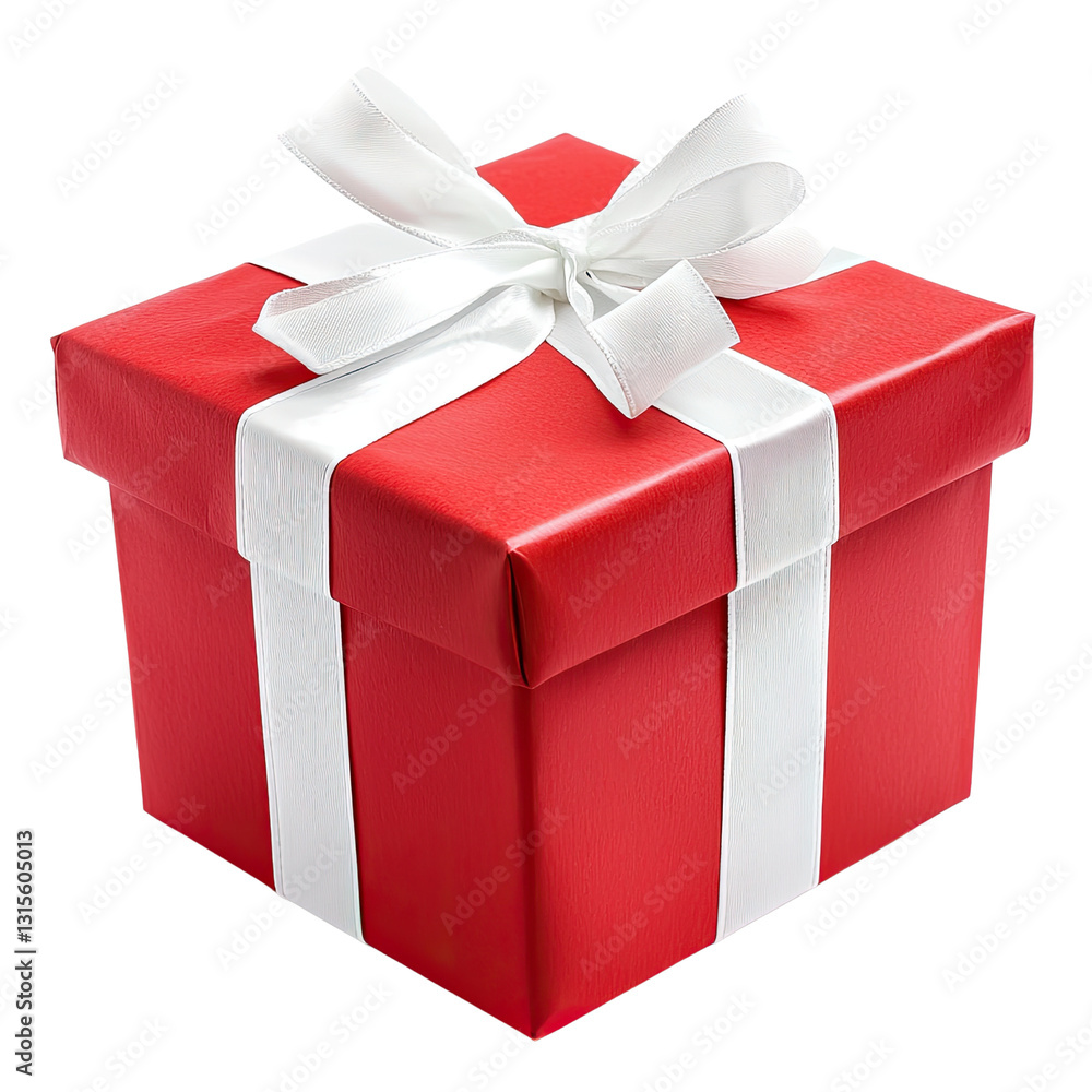 Fototapeta premium Red Gift Box with White Ribbon and Bow, Ready for Special Occasion or Celebration, Isolated on White Background