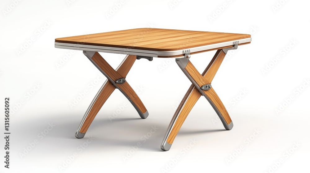 75.A compact wooden camping table, precisely modeled in 3D, showcasing intricate details of the folding mechanism, metallic hinges, and realistic wood texture, presented on a bright white backdrop. 75.A compact wooden camping table, precisely modeled in 3D, showcasing intricate details of the folding mechanism, metallic hinges, and realistic wood texture, presented on a bright white backdrop.
