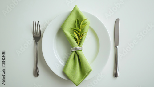 Neatly Folded Light Green Cloth Napkin on a White Background