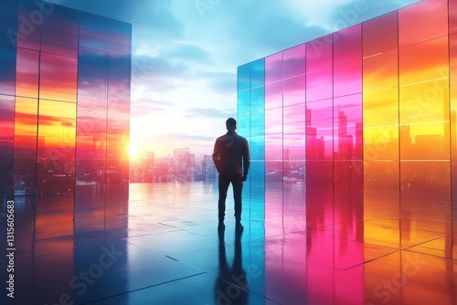 Skyline view with vibrant reflections at sunset, showcasing a lone figure amid colorful glass panels
