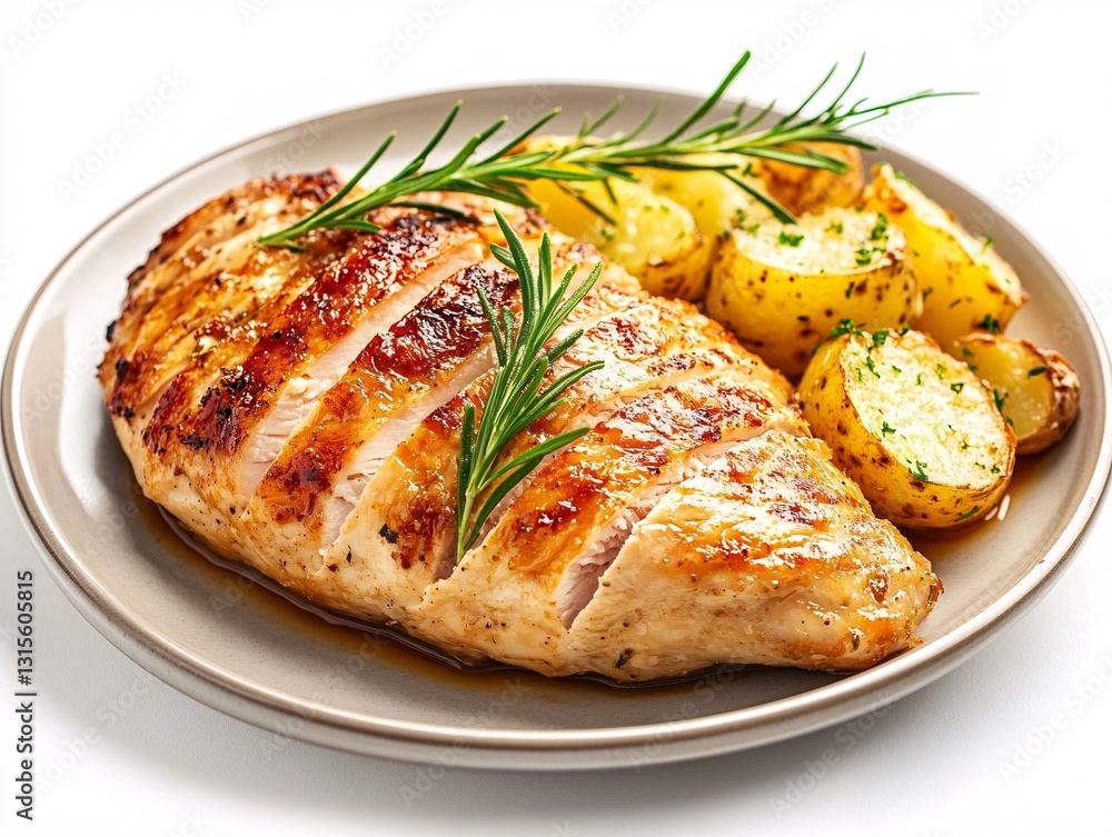 Deliciously plated turkey breast accompanied by cheesy potato gratin Deliciously plated turkey breast accompanied by cheesy potato gratin