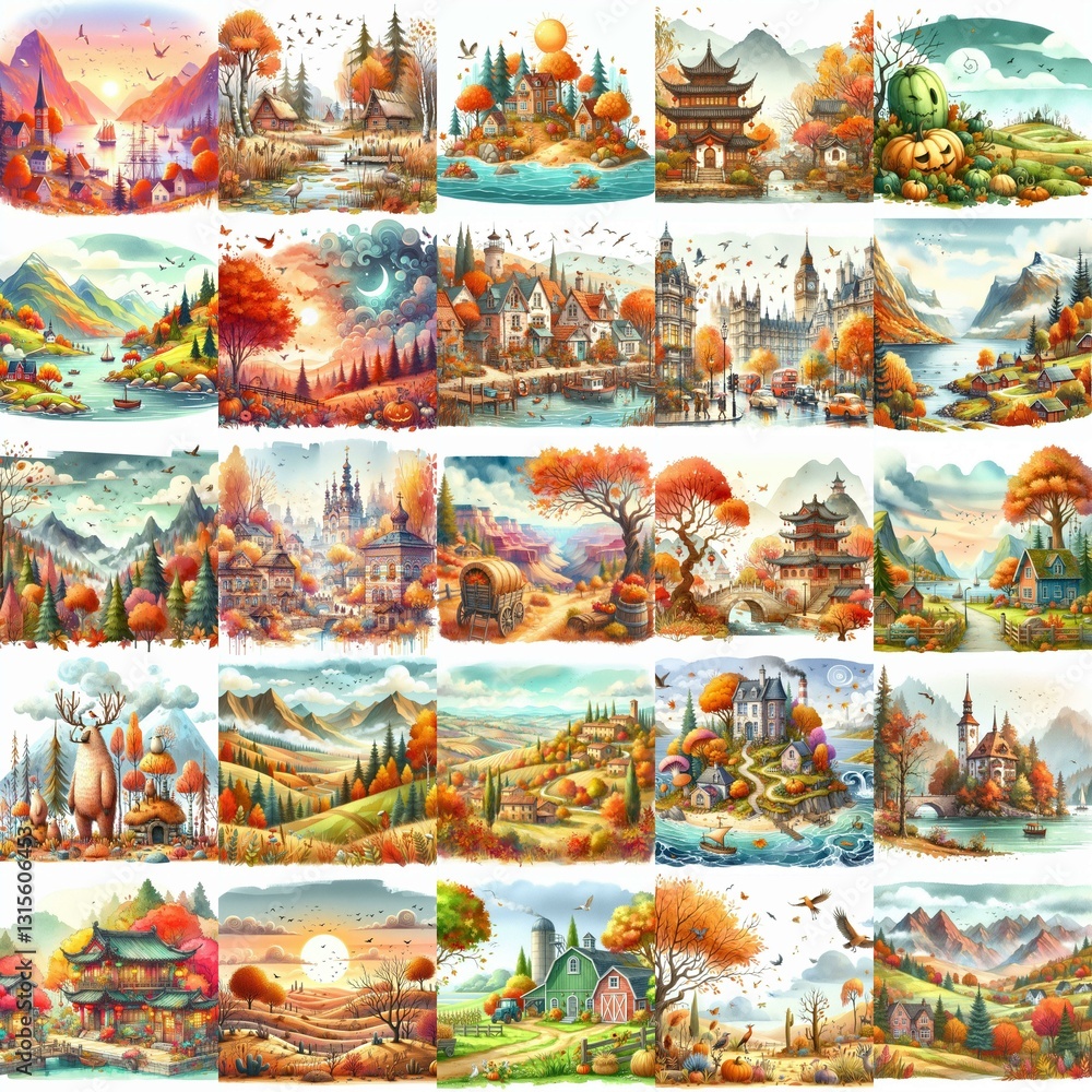 Watercolor fall landscapes. AI generated illustration Watercolor fall landscapes. AI generated illustration