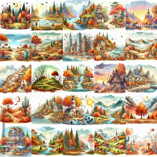 Watercolor fall landscapes. AI generated illustration