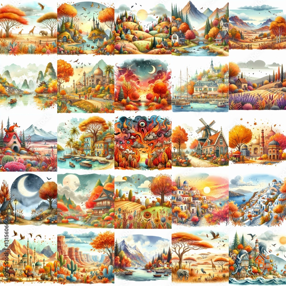Watercolor fall landscapes. AI generated illustration Watercolor fall landscapes. AI generated illustration