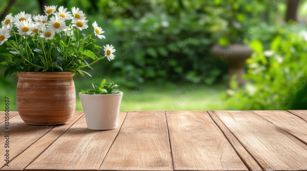 Daisies in pots sit on wood table in yard. Garden background. Stock photo Daisies in pots sit on wood table in yard. Garden background. Stock photo