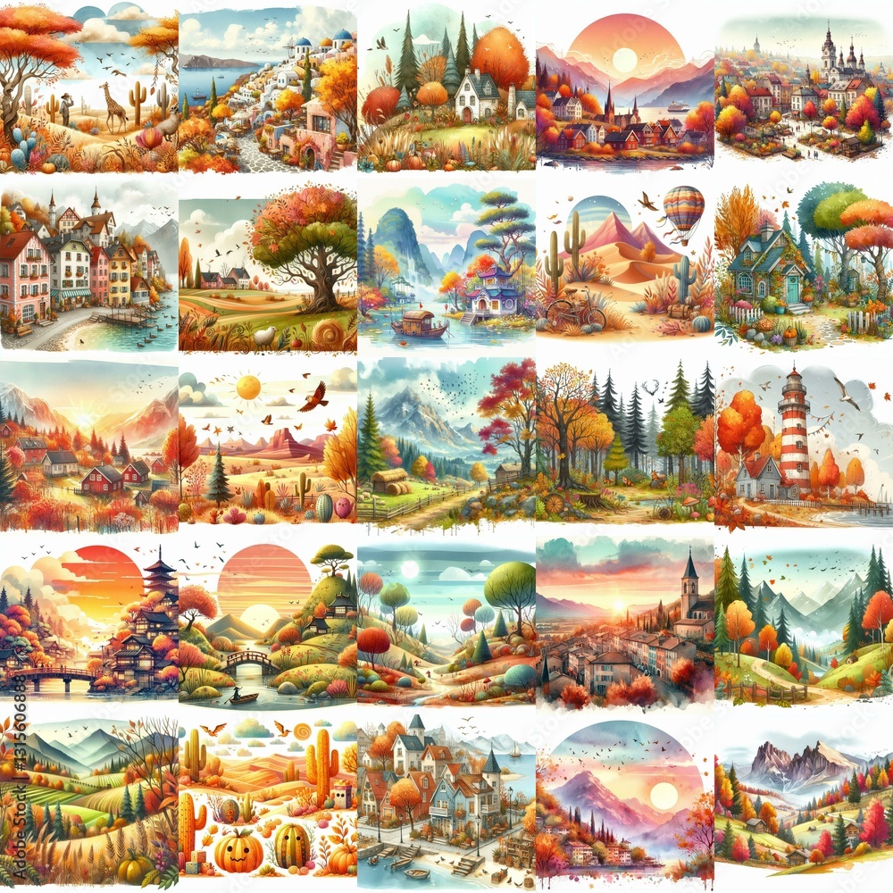Watercolor fall landscapes. AI generated illustration Watercolor fall landscapes. AI generated illustration