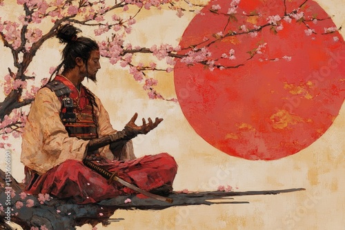Warrior meditating under cherry blossoms with a red sun in the background at dusk