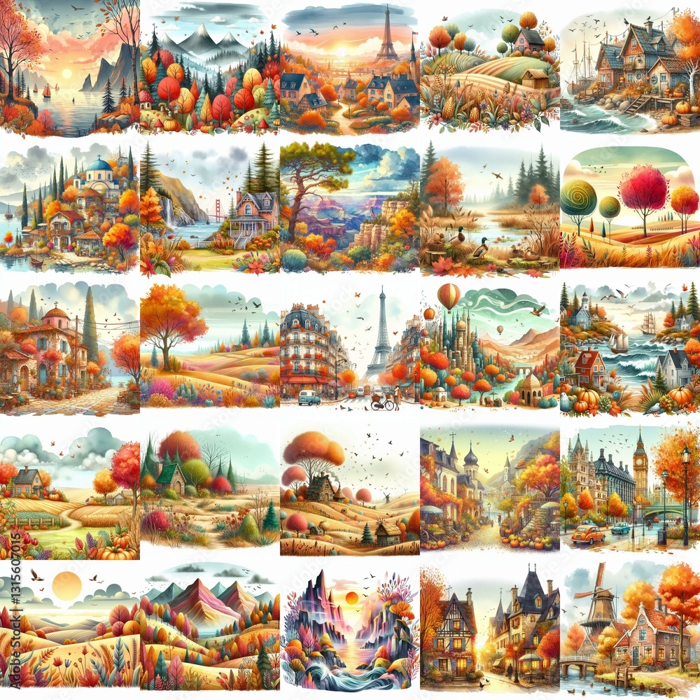 Watercolor fall landscapes. AI generated illustration Watercolor fall landscapes. AI generated illustration