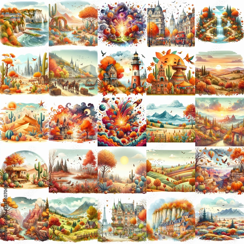 Watercolor fall landscapes. AI generated illustration Watercolor fall landscapes. AI generated illustration