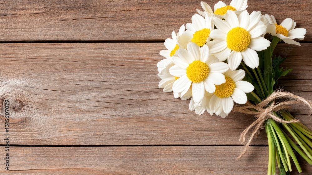 Obraz premium Daisy bouquet on wood surface. Floral spring design element, greeting card, or nature background