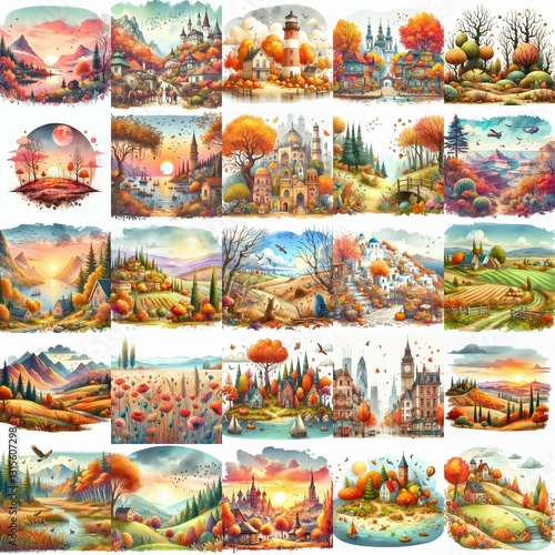 Watercolor fall landscapes. AI generated illustration