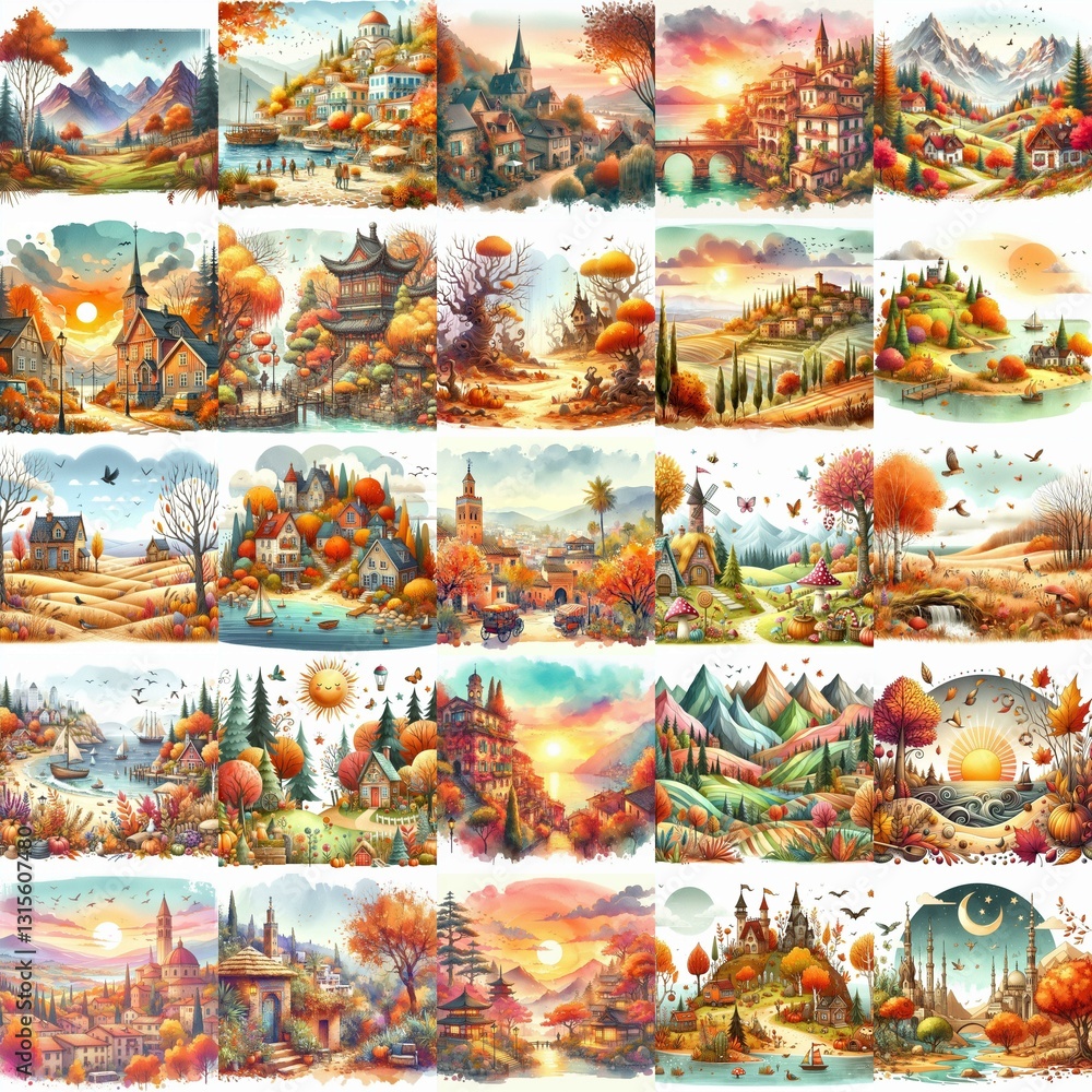 Watercolor fall landscapes. AI generated illustration Watercolor fall landscapes. AI generated illustration