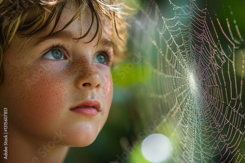 Child gazing in wonder at intricate spider web under sunlight in a forest