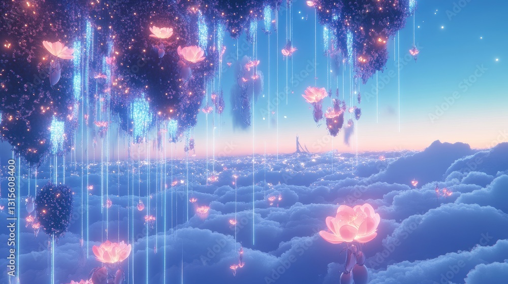 Dreamy landscape with hanging flowers and clouds in a surreal, colorful environment at sunset Dreamy landscape with hanging flowers and clouds in a surreal, colorful environment at sunset