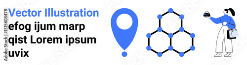 Location marker, molecular hexagonal pattern, individual analyzing object. Ideal for science, research, navigation, technology, education innovation analytics. Perfect flat landing page banner