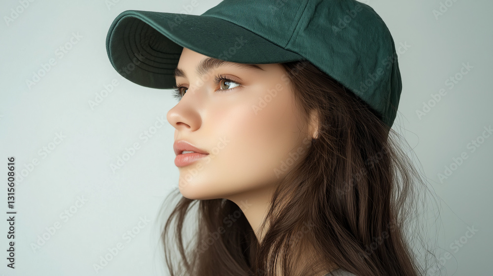 Side Profile Portrait of a Young Woman in Casual Attire Wearing a Green Cap on a White Background Side Profile Portrait of a Young Woman in Casual Attire Wearing a Green Cap on a White Background