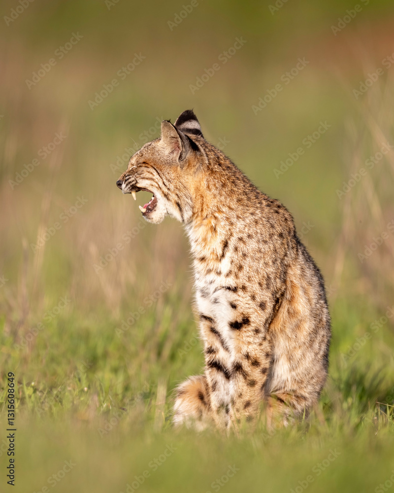 Bobcat Yawining (Lynx rufus) or wildcat, Point Reyes National Seashore, California, North America