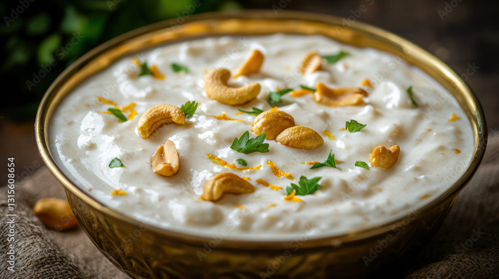 Traditional Suji Ka Halwa with Cashews, Almonds, and Saffron Strands, Served in a Brass Bowl Traditional Suji Ka Halwa with Cashews, Almonds, and Saffron Strands, Served in a Brass Bowl