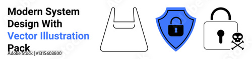 Shield with lock, locked padlock, and shopping bag outline represent security, modern design, data protection, e-commerce, threat prevention, privacy and safe systems. Ideal for IT cybersecurity