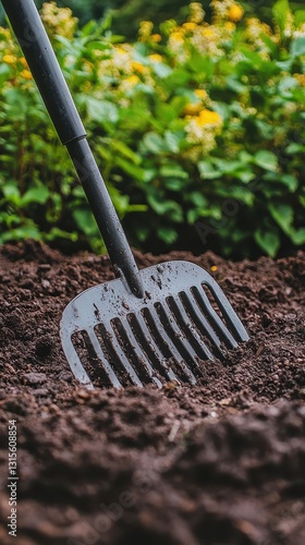 Garden Tool in Soil with Flowers in Background During Daylight