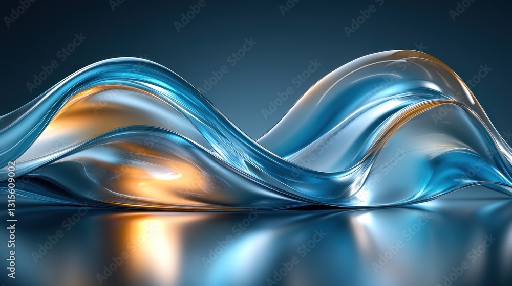 Naklejka premium Abstract Liquid Waves, Blue & Gold, Studio, Reflective Surface