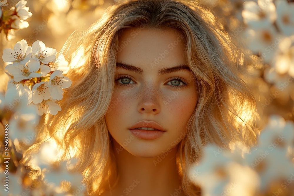 Fototapeta premium Spring mood, golden hour in sunset. Commercial ad concept creative layout design. Stunning caucasian young woman surrounded by cherry blossoms. Springtime woman in bright cherry blossoms.