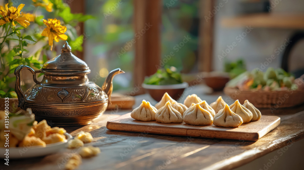 Fototapeta premium Authentic Indian Modaks Stuffed with Sweet Coconut and Jaggery, Placed on a Brass Plate with Chutney