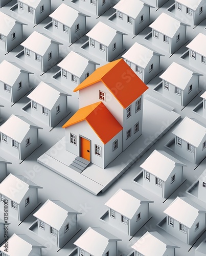 Unique standout home with orange roof among uniform white houses, symbolizing individuality, real estate investment, housing market contrast and property selection strategy

